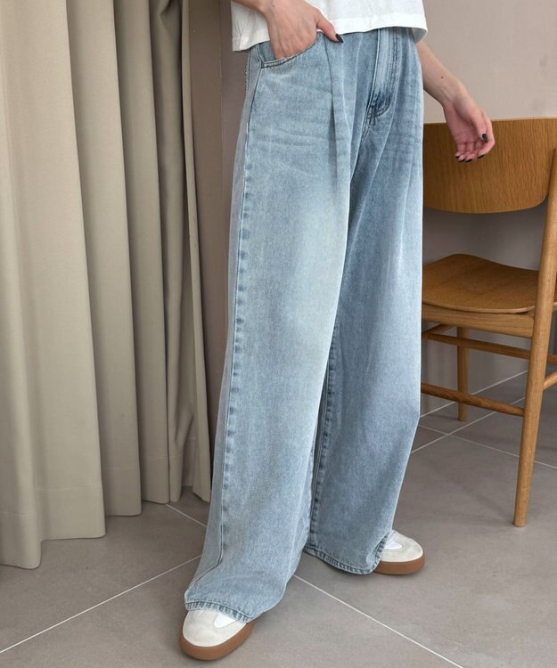 WEGO モチーフデニムタックパンツ デニム淡加工色