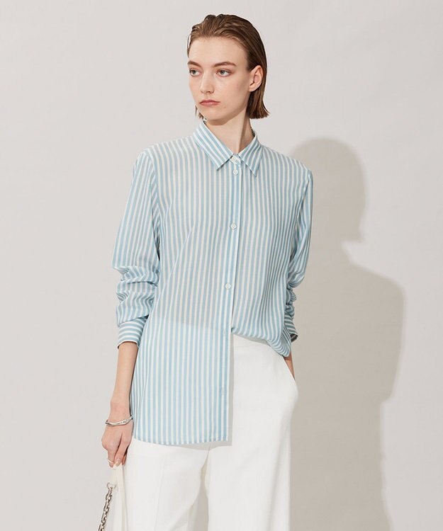 ICB L 【洗える】 キュプラローンストライプ シャツ サックスブルーストライプ系