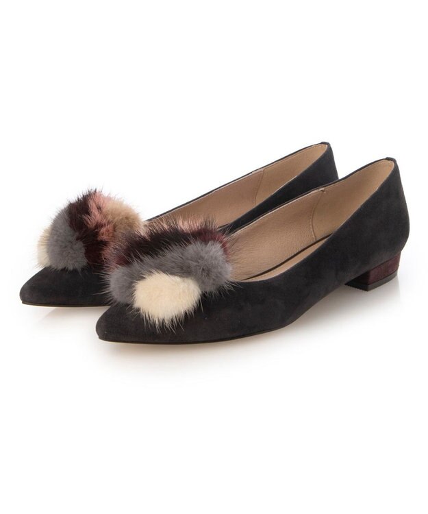 MODE ET JACOMO <MODE ET JACOMO>ファー付ポインテッドトゥフラットパンプス ダークグレースエード