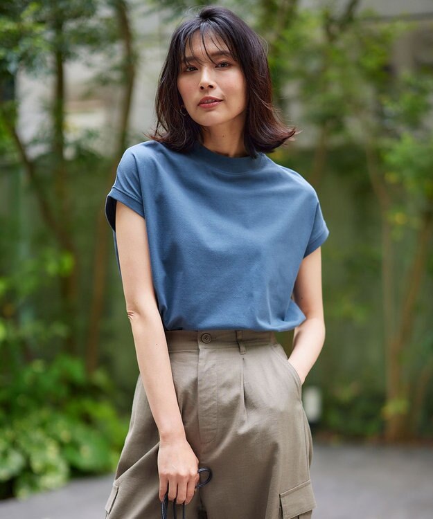 ANY L モックネックフレンチスリーブプルオーバー ブルー