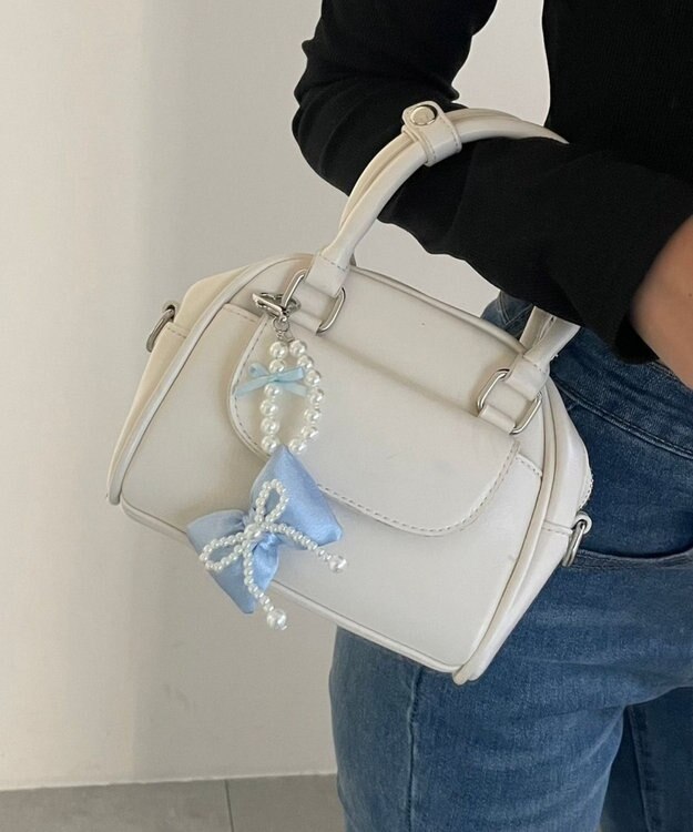 WEGO ダブルパールリボンキーホルダー サックス