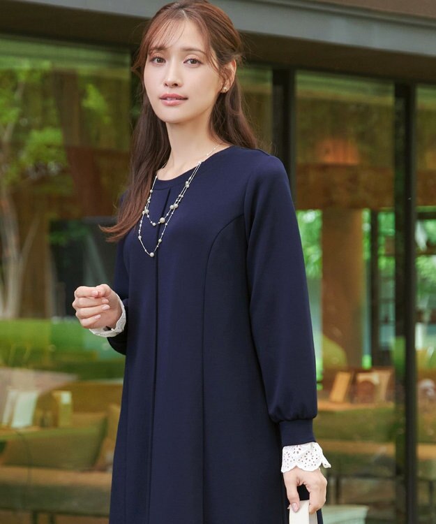 Tiaclasse コットンレースドッキングカットソーワンピース ネイビー