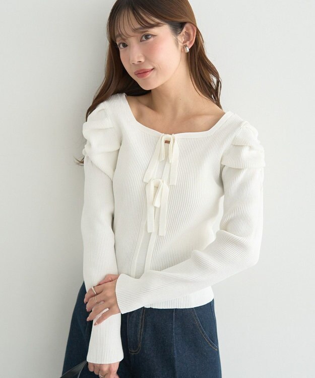 earth music&ecology レイヤード風ギャザーショルダーリブニット Ivory