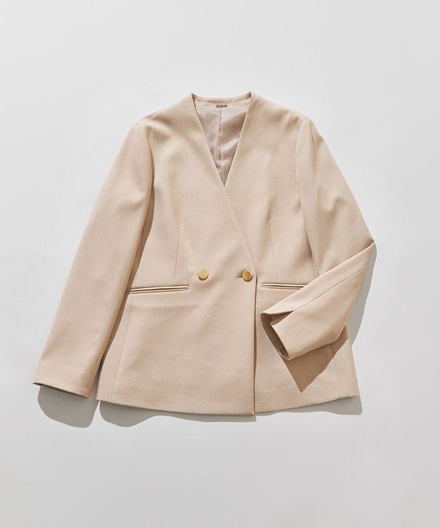 ANY SIS L 褒めらレディストレッチ カラーレス ジャケット ベージュシャンブレー