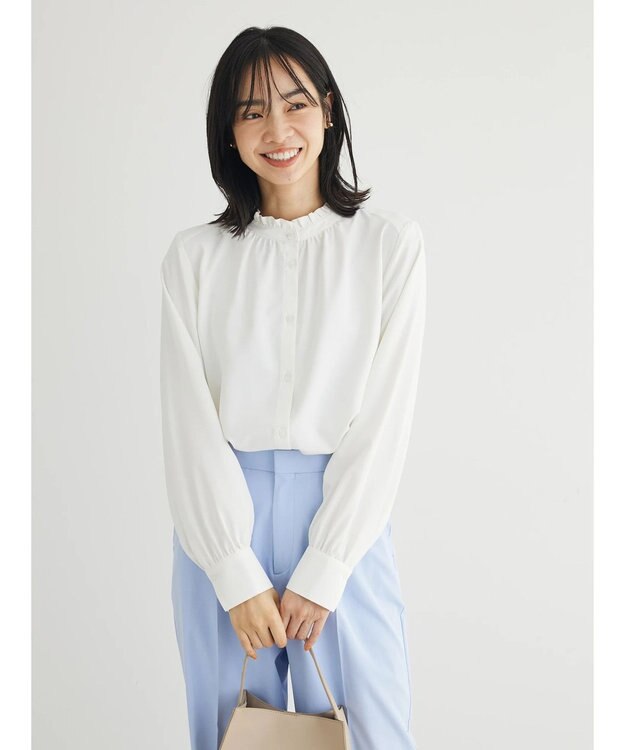 Green Parks ＢＰ　ケア楽　スタンドフリルブラウス Off White