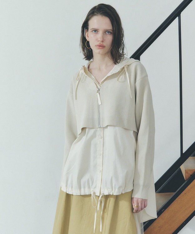 YECCA VECCA ZIPニットレイヤードフーディーシャツ Light Beige