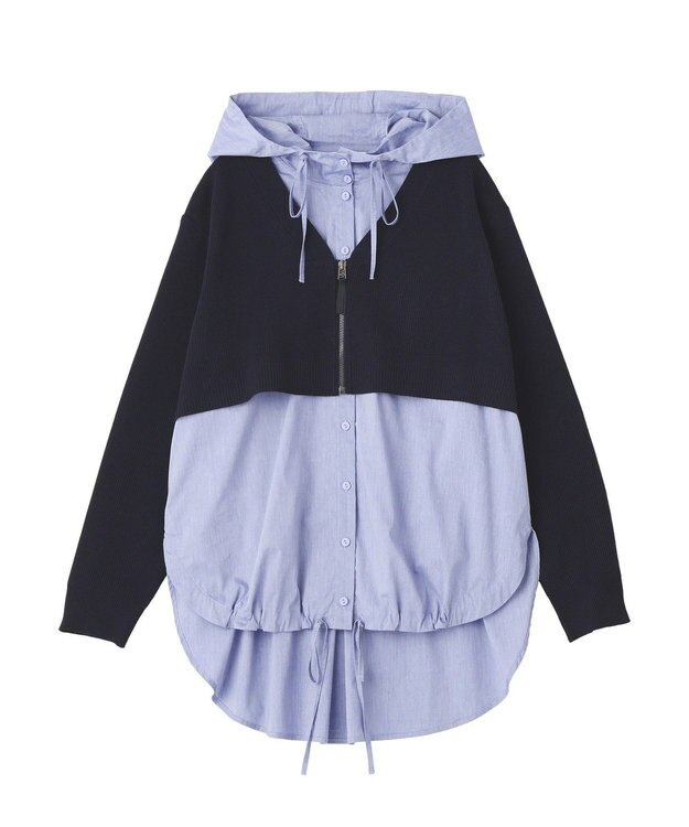 YECCA VECCA ZIPニットレイヤードフーディーシャツ Navy