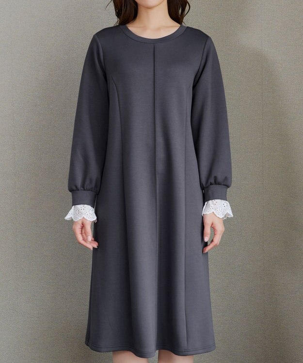 Tiaclasse コットンレースドッキングカットソーワンピース チャコールグレー