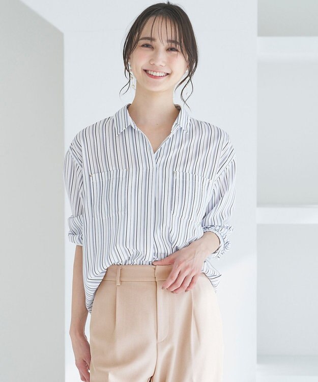 ANY SIS 【洗える】トロミシャツカラー ブラウス ネイビーストライプ