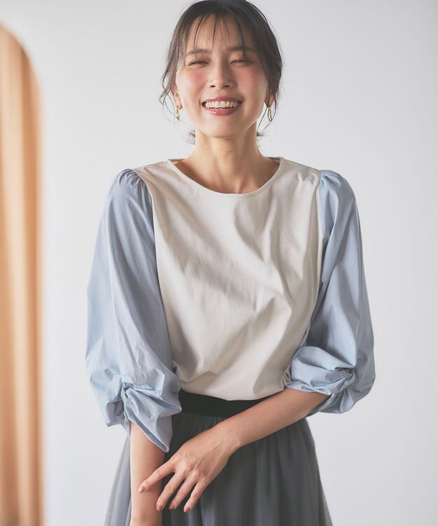 ANY 【洗濯機可】着映える袖ねじりトップス オフ×ストライプ