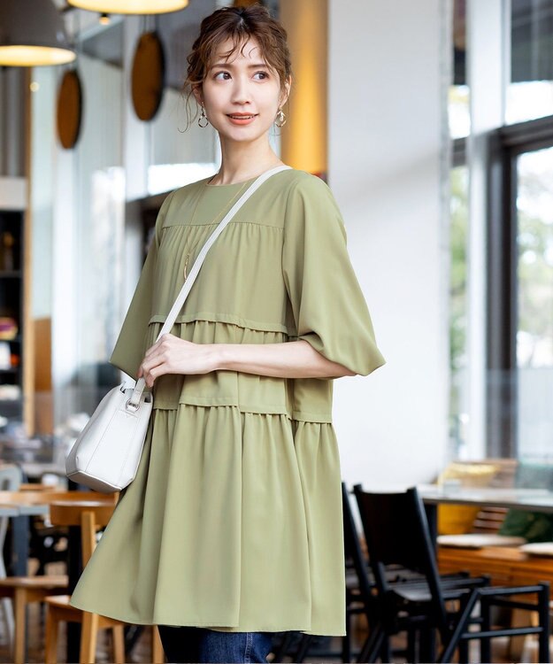 Tiaclasse L 【洗える】ティアードチュニックブラウス ライトカーキ