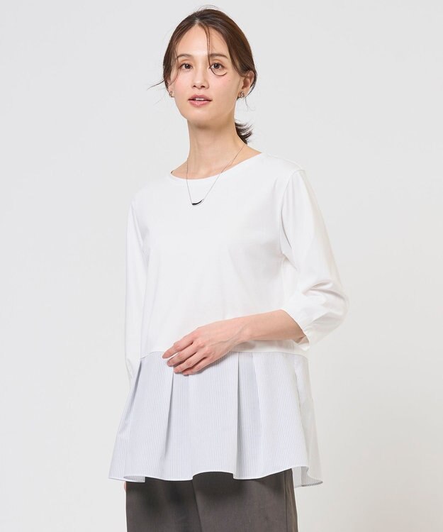 J.PRESS LADIES L レイヤードフレア カットソー ホワイト×ストライプ系