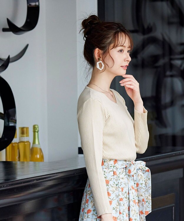 Tiaclasse 【洗える】異素材を組み合わせた花柄リブニットコンビワンピース エクリュ