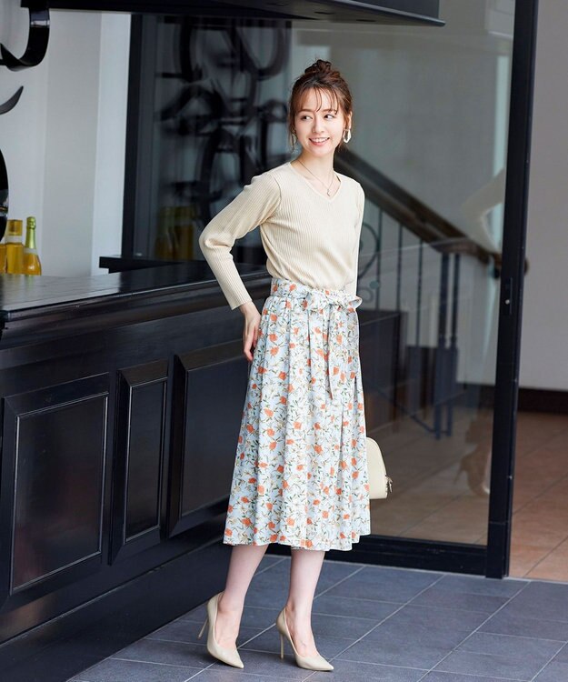 Tiaclasse 【洗える】異素材を組み合わせた花柄リブニットコンビワンピース エクリュ