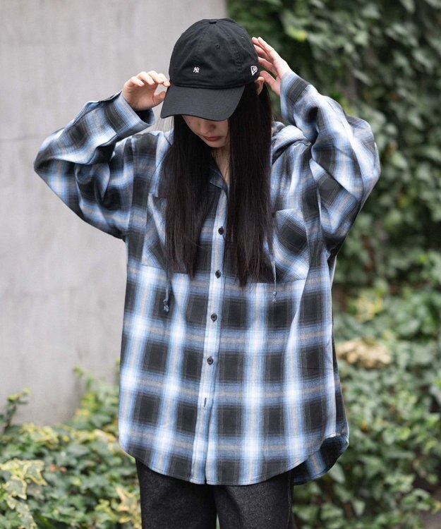 WEGO フードチェックシャツ サックス