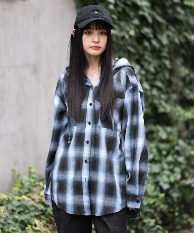 WEGO フードチェックシャツ サックス