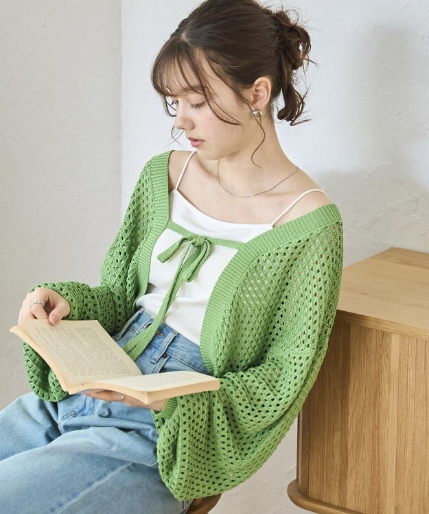 WEGO 【紫外線対策/手洗い可】メッシュリボンボレロ グリーン