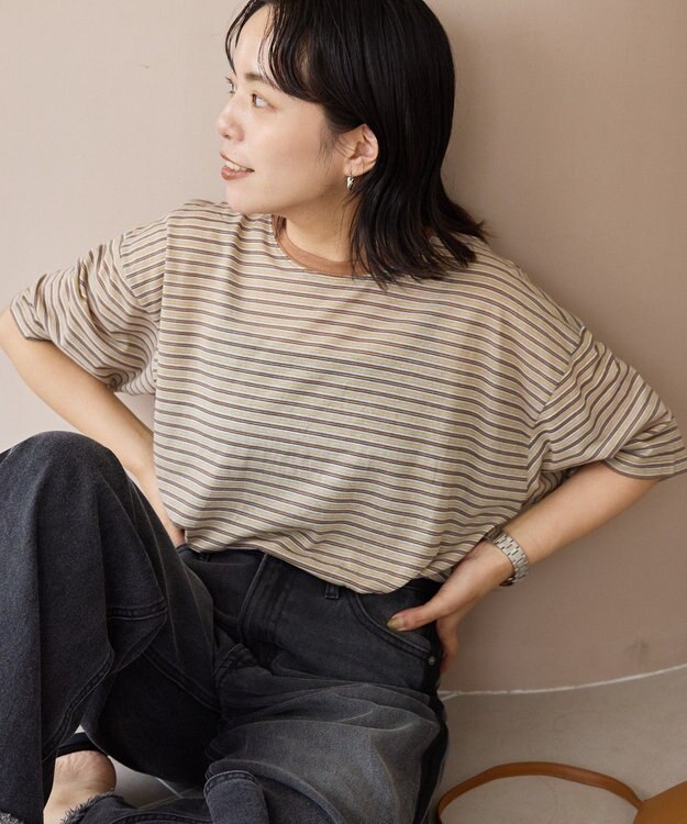 AMERICAN HOLIC シアーレトロボーダー半袖プルオーバー Beige