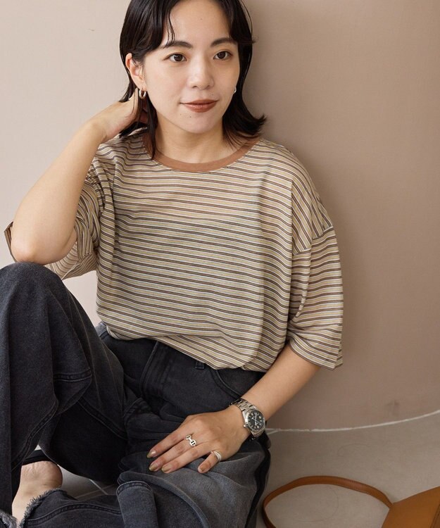 AMERICAN HOLIC シアーレトロボーダー半袖プルオーバー Beige