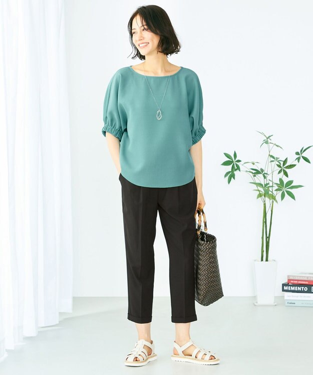 ANY 【洗える】デザインスリーブとろみ ブラウス ターコイズ