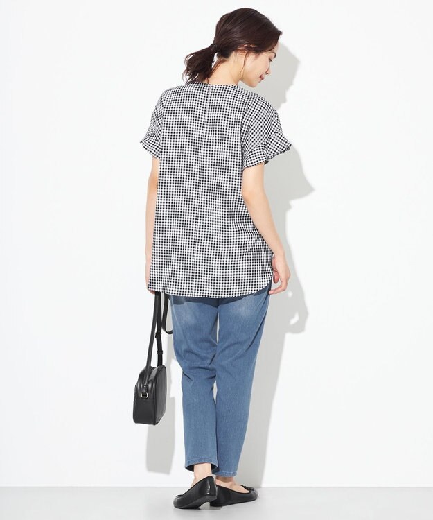 ANY 【洗える】ライトリネンクロスフレアスリーブ ブラウス ギンガム