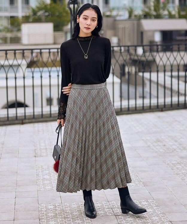 ANY 【新色追加/ウエストゴム】ウーリッシュプリーツスカート ブラウン系チェック