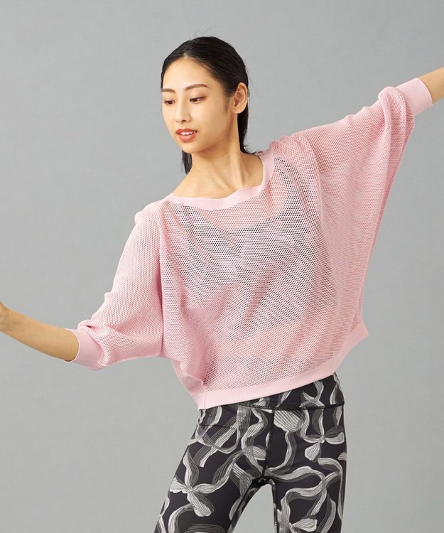 Chacott 【ノーソーイングニット】7分袖メッシュニットTシャツ グレイッシュローズ