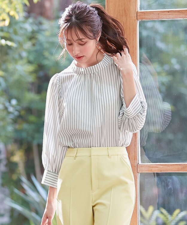 ANY SIS S 【洗える】フェイクパールストライプ ブラウス グレーストライプ