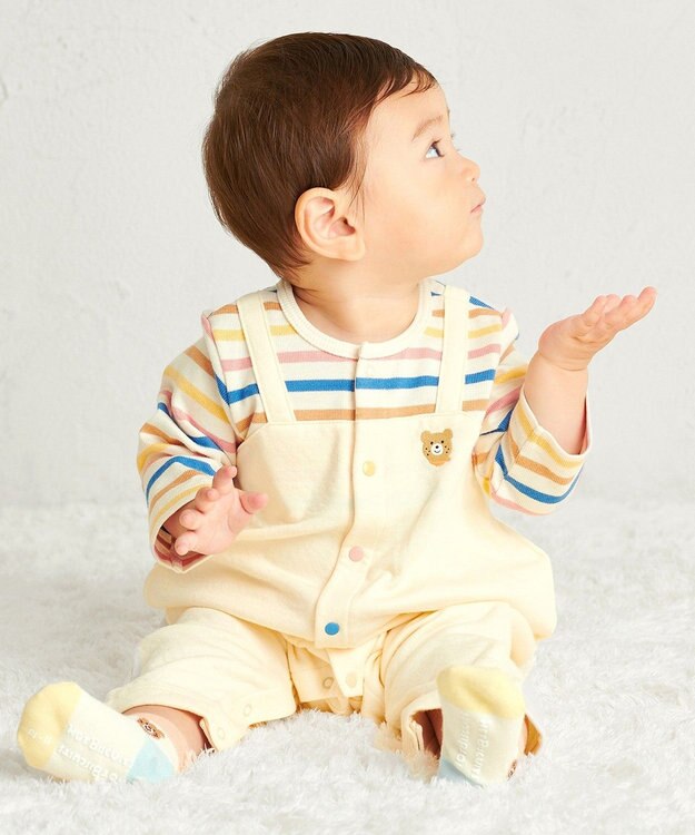 MIKI HOUSE HOT BISCUITS 【70-80cm】 ボーダー柄 重ね着風  カバーオール マルチカラー