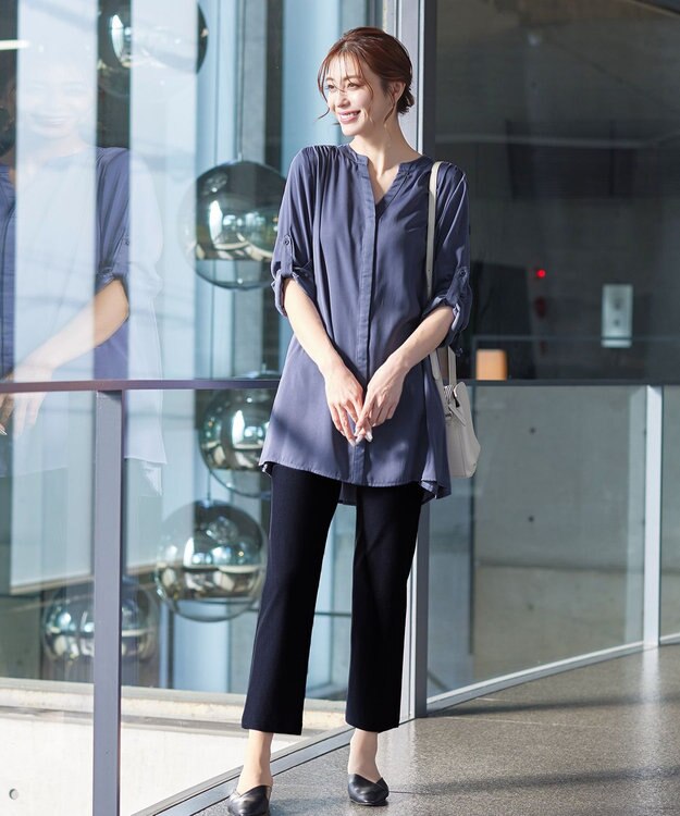 Tiaclasse L 【洗える】ヴィンテージサテンチュニックブラウス ブルー