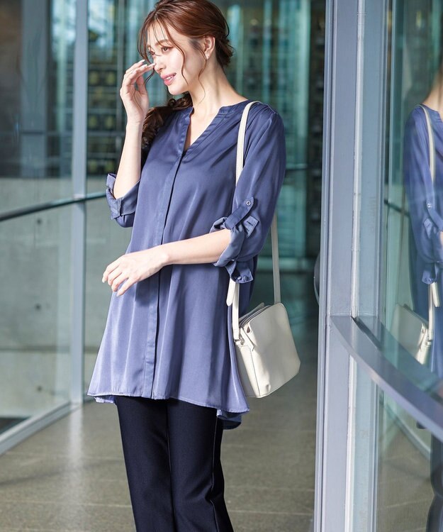 Tiaclasse L 【洗える】ヴィンテージサテンチュニックブラウス ブルー