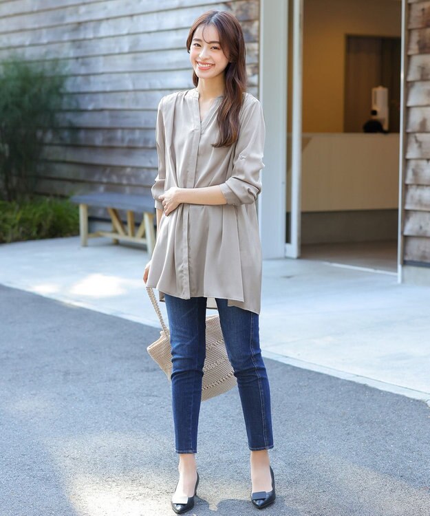 Tiaclasse L 【洗える】ヴィンテージサテンチュニックブラウス グレージュ