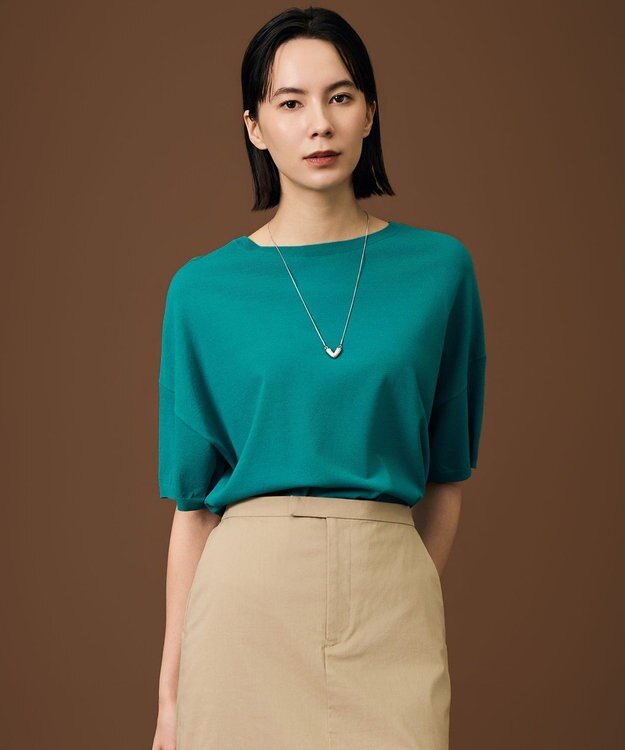 自由区 L 【大人のバイカラー】ライトクレープストレッチ プルオーバー エメラルド×Dエメラルド