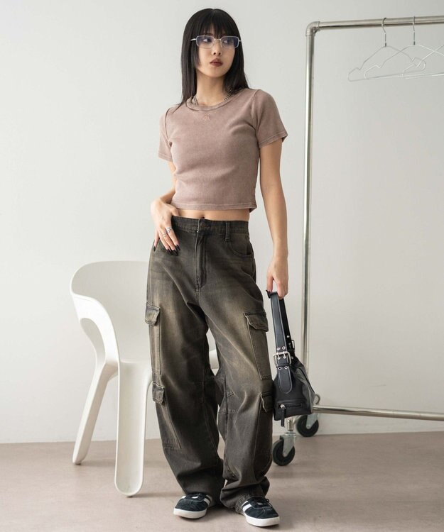 WEGO ヴィンテージウォッシュワンポイントリブT ブラウン