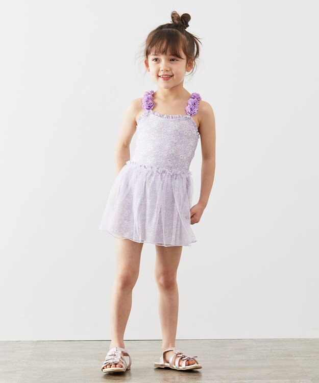 ANY KIDS 花柄チュールワンピース水着 ラベンダー系