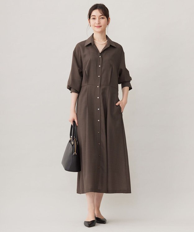 自由区 【洗える】トロピカルストレッチシャツ ドレス カーキブラウン
