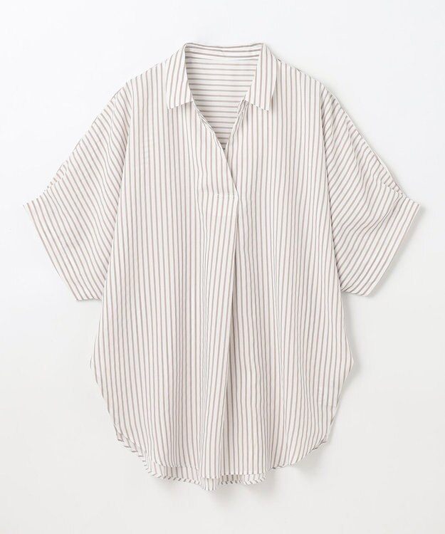 ANY 【新色追加】スキッパーネック袖タックブラウス ベージュストライプ