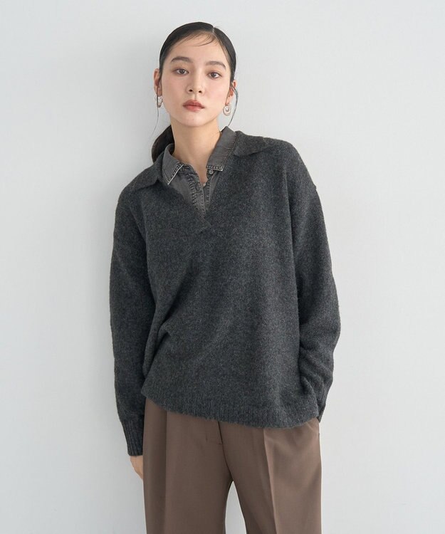 YECCA VECCA 襟付きVネックニット Charcoal Gray