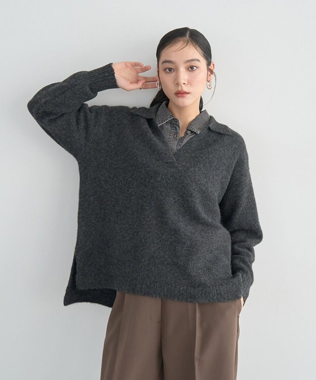 YECCA VECCA 襟付きVネックニット Charcoal Gray