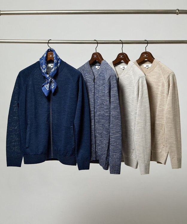 JOSEPH ABBOUD 【キングサイズ・イタリア糸使用/清涼感/軽い/洗える/サスティナブル】スラブギマ ニット  ジップ ブルゾン ネイビー系