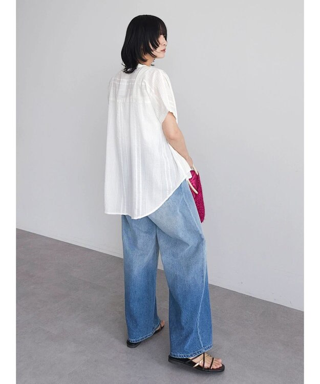 Green Parks インド綿  バンドカラーデザイン５分袖シャツ Off White