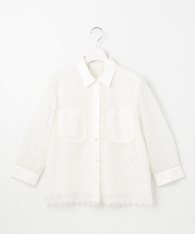 自由区 【ドラマ「明日はもっと いい日になる」着用】【洗える】ジオメトリックフラワーレースクロップド丈シャツ ブラウス オフ