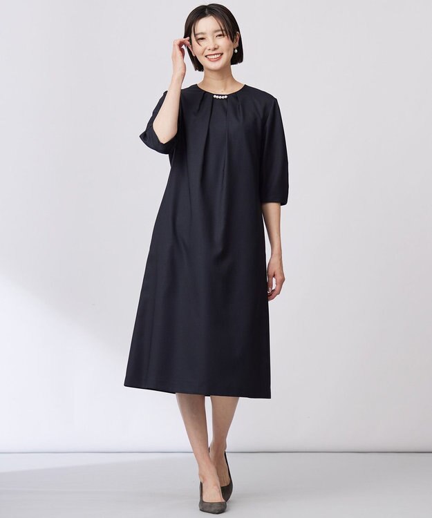 J.PRESS LADIES L 【洗える・UV加工・吸水速乾】OXIJEWELストレッチ ワンピース ネイビー系