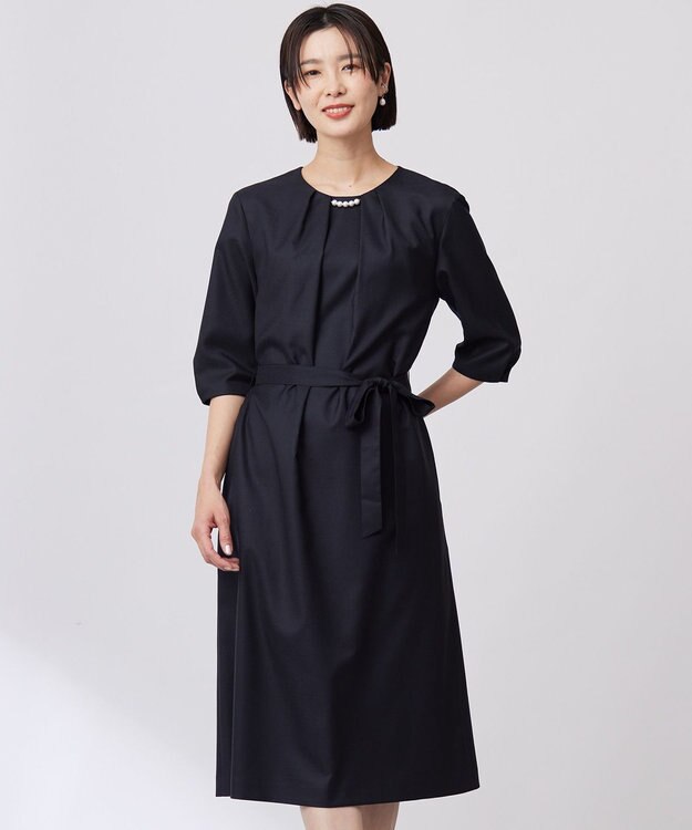 J.PRESS LADIES L 【洗える・UV加工・吸水速乾】OXIJEWELストレッチ ワンピース ネイビー系