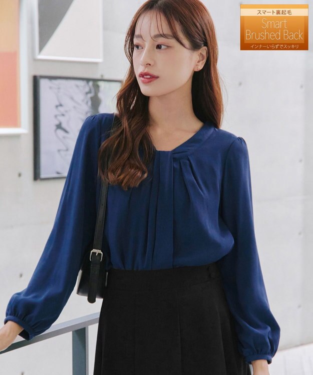 Tiaclasse 【スマート裏起毛】 ボウタイ風ブラウス ダークブルー