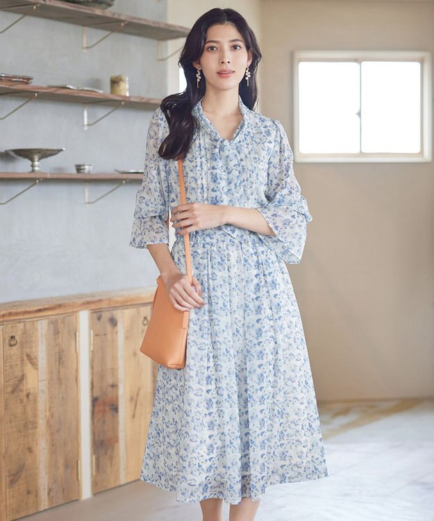 Tiaclasse 【洗える】プリントボウタイ柄ワンピース ブルー