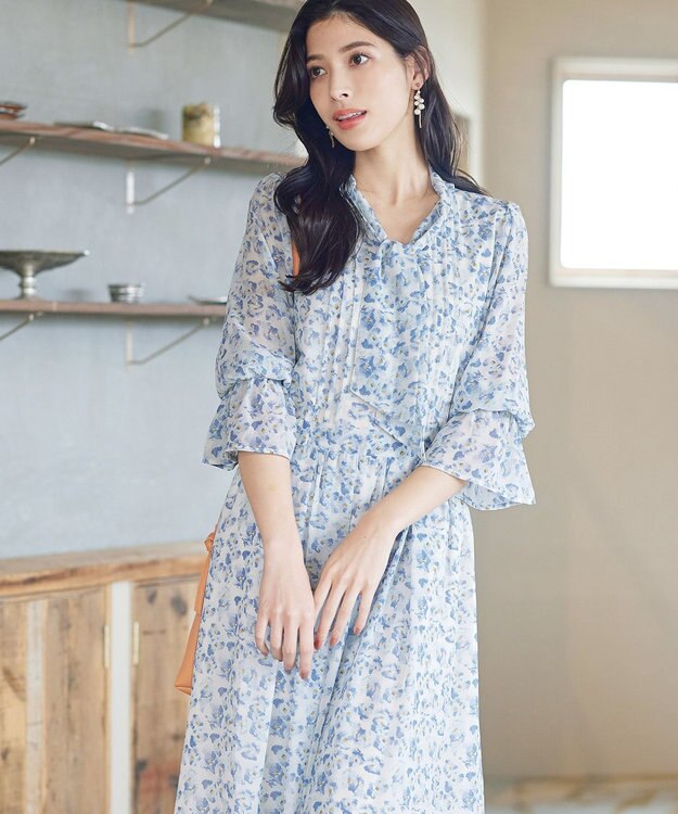 Tiaclasse 【洗える】プリントボウタイ柄ワンピース ブルー