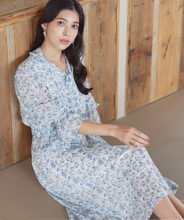 Tiaclasse 【洗える】プリントボウタイ柄ワンピース ブルー