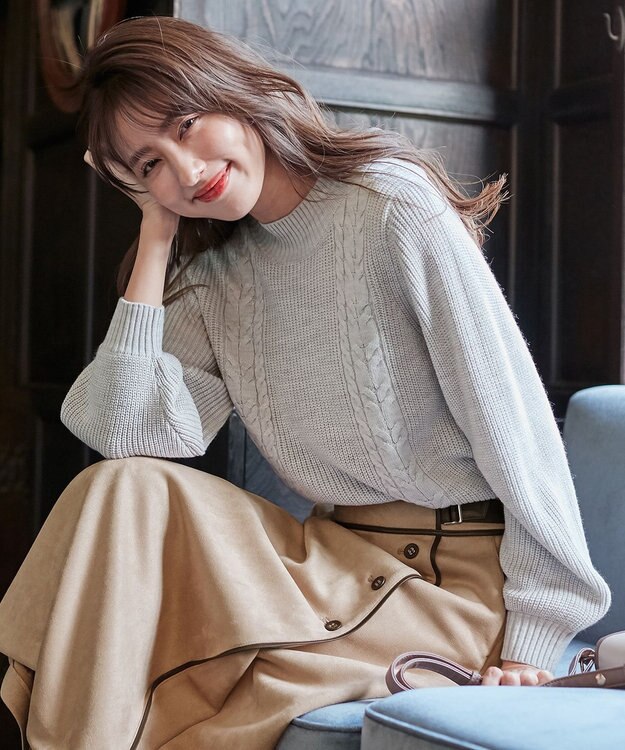 ANY SIS 【洗える】スフレケーブルパフスリーブ ニット ライトグレー