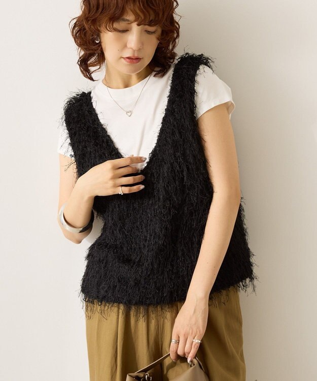 AMERICAN HOLIC 【前後2way】サイドスリットシャギーベスト Black